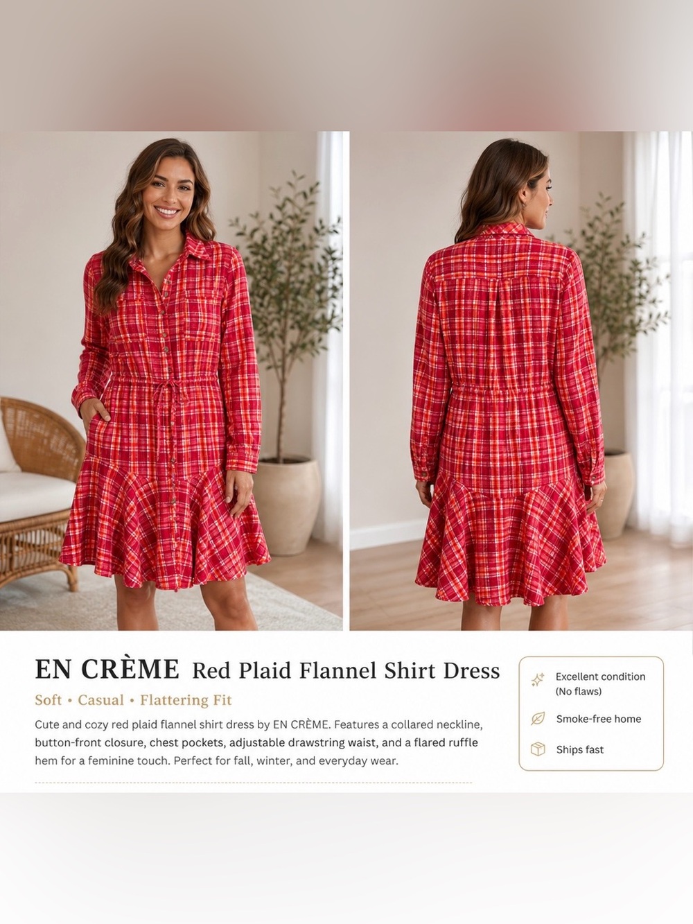 EN CRÈME Red Plaid Summer Shirt Dress M Ruffle Hem Button Front Boho Relaxed Fit